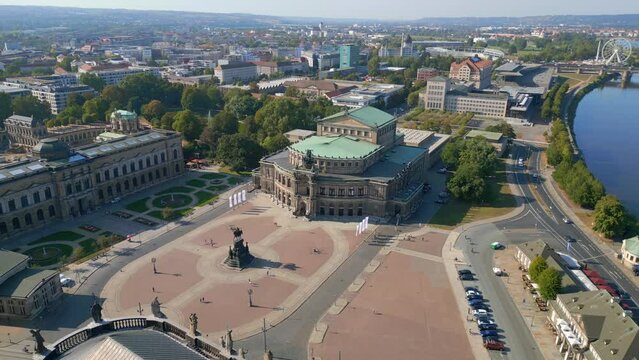 Zwinger, Opera Church at River City Dresden. Gorgeous aerial view flight drone