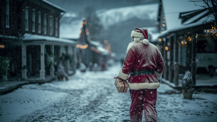 Santa gift in hand, stands alone in a snowy village