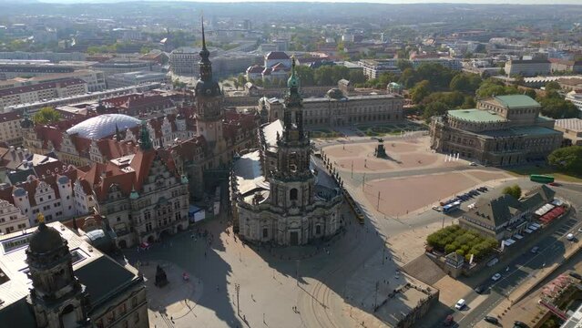 Dresden City Zwinger, Opera Church at River. Smooth aerial top view flight drone