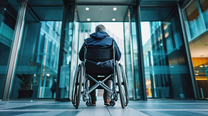 Middle aged man in a wheelchair and a jacket exiting a modern building, disability accessible workplace on a cold day. Rear view