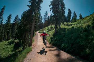 Downhill mountain biking on a shaped bike park trail in Austria, sunny blue sky day, jumping between trees. - 704671776