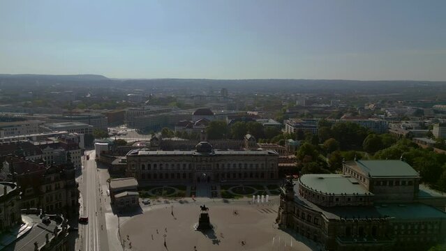 Zwinger, Opera Church at River City Dresden. Unbelievable aerial top view drone