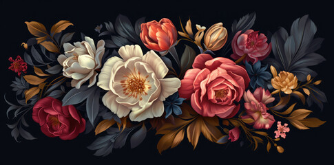 3d floral painting, elegant colorful flowers on dark background, Valentine day holiday art card