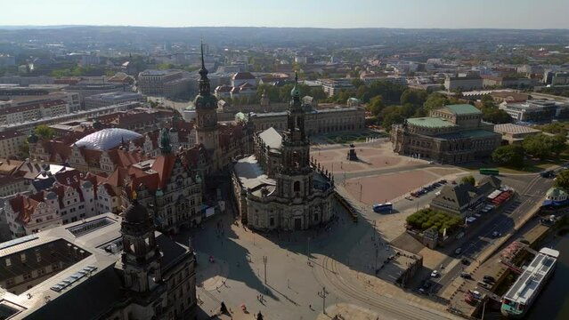 Dresden City Zwinger, Opera Church at River. Lovely aerial top view flight drone