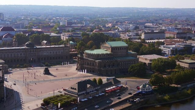 Zwinger, Opera Church at River City Dresden. Nice aerial top view flight drone