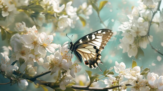  a butterfly sitting on a branch of a tree with white flowers in the foreground and a blue sky in the background.