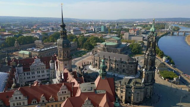 Zwinger, Opera Church at River City Dresden.Amazing aerial top view flight drone