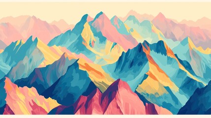  a painting of a mountain range with a pastel color scheme of blue, pink, yellow, and orange. - obrazy, fototapety, plakaty