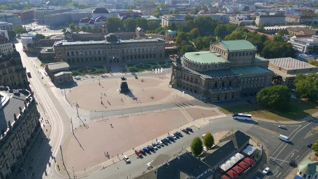 Zwinger, Opera Church at River City Dresden. Breathtaking aerial top view drone