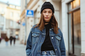 Trendy European woman in urban street fashion