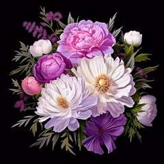 Obraz premium Beautiful bouquet of colorful various peony flowers on a dark background, holiday card concept