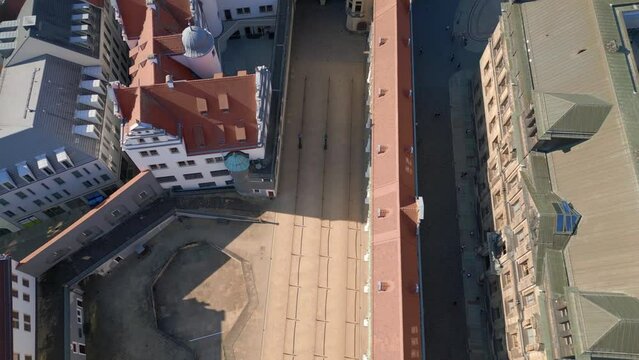 Zwinger, Opera Church at River City Dresden. Stunning aerial view flight drone