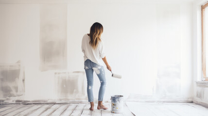 Fototapeta na wymiar A young woman is happily renovating a newly purchased house. Paint the walls white.