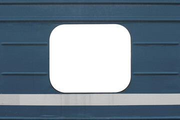 Empty window with copyspace on a gray blue passenger car of a train with a white stripe below.