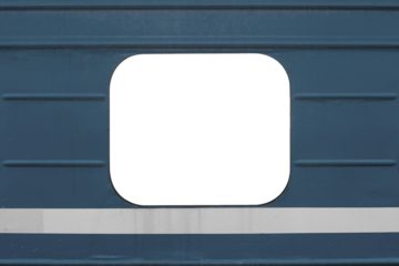 Empty window with copyspace on a gray blue passenger car of a train with a white stripe below.