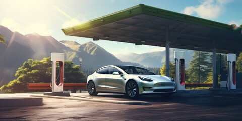 The electric car is charged at an electric gas station outside the city. - obrazy, fototapety, plakaty