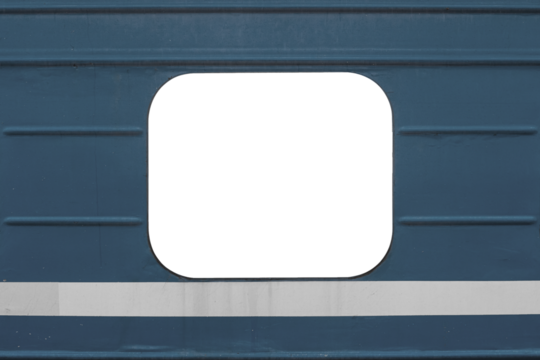 Empty window with copyspace on a gray blue passenger car of a train with a white stripe below.