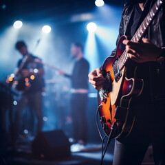 Guitarist performing live with band in the background