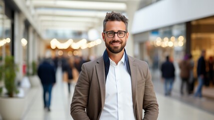 Fototapeta premium Bearded man in glasses smiling in a shopping mall