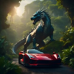 A vibrant red sports car parked along a winding road in front of a large, impressive dragon