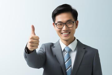 Portrait of smiling young asian man in glasses and a gray business suit showing thumbs up as a sign of approval isolated on white background with copy space