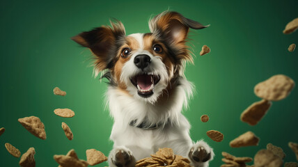 Dog with open mouse and big eyes catching dry pet food on green background, studio shot. Funny dog...