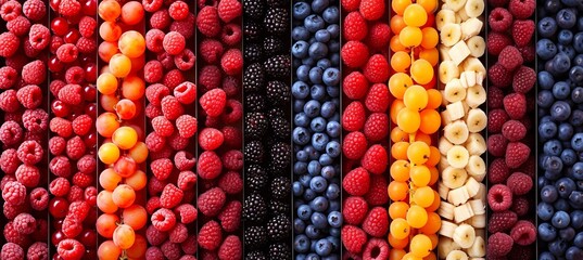 Captivating collage of berry products, divided by white lines, bathed in bright light