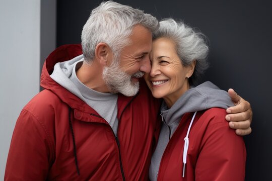 Happy elderly couple in red jackets