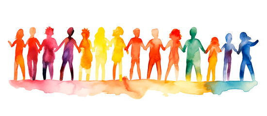 Abstract silhouettes of people holding hands. Watercolor illustration on white background. Concept of equality and diversity. - obrazy, fototapety, plakaty
