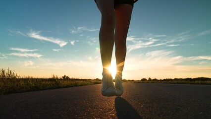 silhouette sports girl running legs along road sunset, man running with effort, sport running...