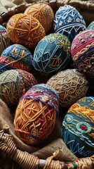 Colorful embroidered Easter eggs in basket, intricate patterns, festive decoration.