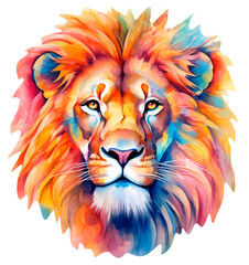 Watercolor lion head isolated on white background. Cute colorful wild animal illustration.
