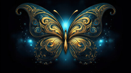Abstract golden blue butterfly on black sparkling background