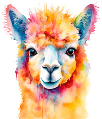 Watercolor alpaca head isolated on white background. Cute colorful llama animal illustration.