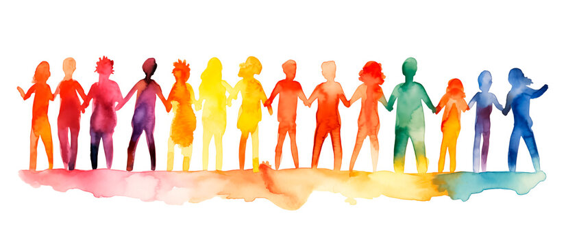 Abstract silhouettes of people holding hands. Watercolor illustration on white background. Concept of equality and diversity.