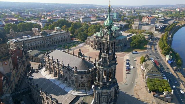 Zwinger, Opera Church at River City Dresden. Wonderful aerial view flight drone