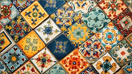  a close up of a tiled wall with many different colors and shapes of tiles in different sizes and shapes, all of which are orange, blue, yellow, green, red, orange, and blue, and white.