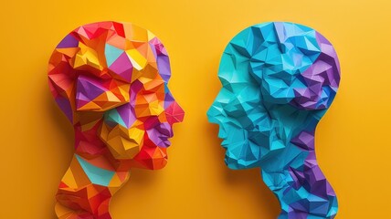 The concept of rational and irrational thinking of two people. Heads of two people with colourful shapes of abstract brain for concept of idea and teamwork. Two people with different thinking. - obrazy, fototapety, plakaty