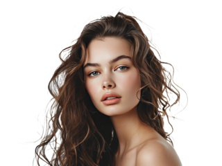 Young model with beautiful hair in waves, cut out - stock png.