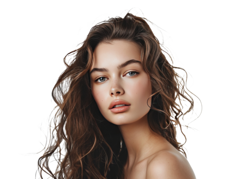 Young model with beautiful hair in waves, cut out - stock png.