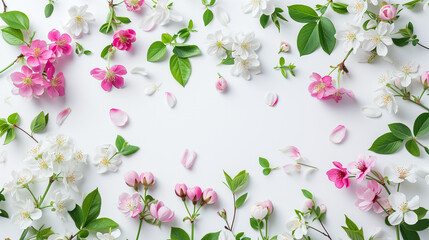 Fototapeta premium Pink and White Flowers With Green Leaves on a White Background