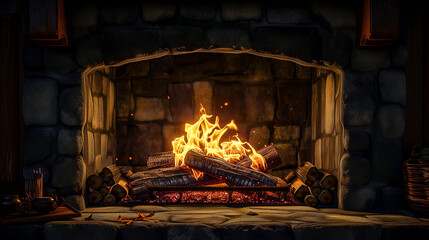 Fire Burning in Fireplace With Logs