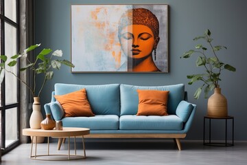 Blue couch with orange pillows and a painting of a woman with orange and blue colors on the wall