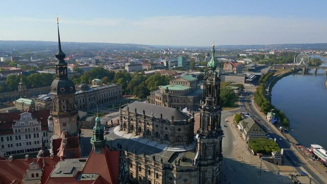 Zwinger, Opera Church at River City Dresden. Beautiful aerial view flight drone