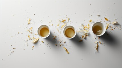  a group of three cups filled with liquid next to a pile of chopped up orange peels on a white surface.