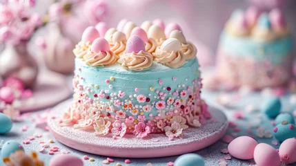 Fotobehang Easter cake decorated with colorful icing, forming festive patterns and motifs © João Macedo
