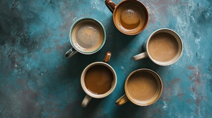  a group of four coffee mugs sitting next to each other on top of a blue and green counter top. - obrazy, fototapety, plakaty