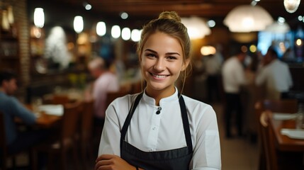 Fototapeta premium Portrait of a Smiling Female Chef in a Restaurant