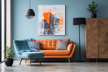 Blue and orange living room interior with sofa and painting