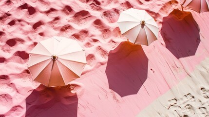 a group of white umbrellas sitting on top of a pink sand covered beach next to a pink and white wall.